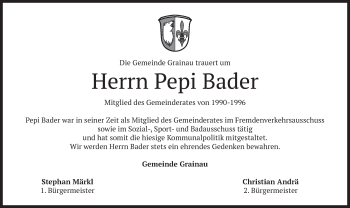 Todesanzeige von Pepi Bader von merkurtz