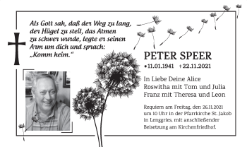 Todesanzeige von Peter Speer von merkurtz