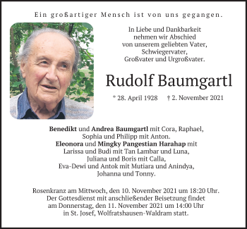 Todesanzeige von Rudolf Baumgartl von merkurtz