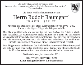 Todesanzeige von Rudolf Baumgartl von merkurtz