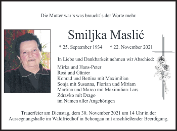Todesanzeige von Smiljka Maslic von merkurtz