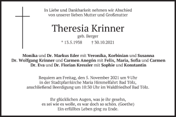 Todesanzeige von Theresia Krinner von merkurtz