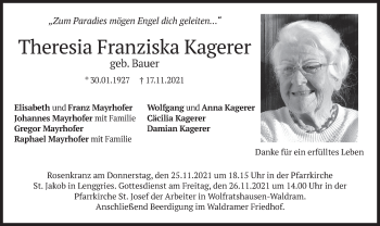 Todesanzeige von Theresia Franziska Kagerer von merkurtz