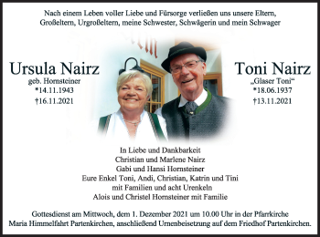 Todesanzeige von Ursula und Toni Nairz von merkurtz