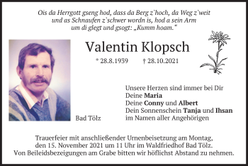 Todesanzeige von Valentin Klopsch von merkurtz