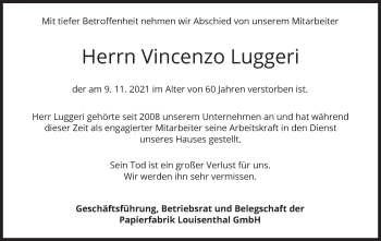 Todesanzeige von Vincenzo Luggeri von merkurtz