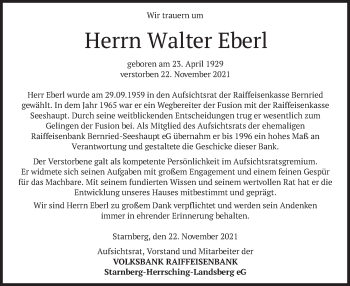 Todesanzeige von Walter Eberl von merkurtz