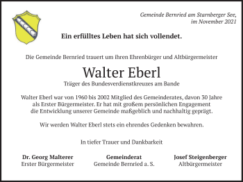 Todesanzeige von Walter Eberl von merkurtz