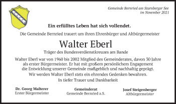 Todesanzeige von Walter Eberl von merkurtz