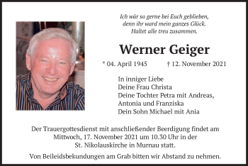 Todesanzeige von Werner Geiger von merkurtz