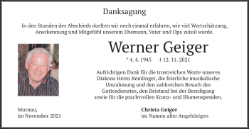 Todesanzeige von Werner Geiger von merkurtz