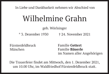 Todesanzeige von Wilhelmine Grahn von merkurtz