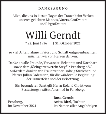 Todesanzeige von Willi Gerndt von merkurtz