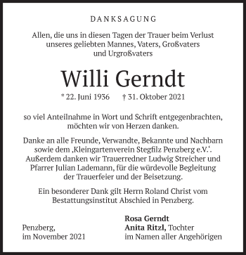 Todesanzeige von Willi Gerndt von Das Gelbe Blatt Penzberg