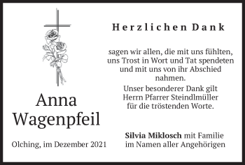 Todesanzeige von Anna Wagenpfeil von merkurtz