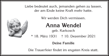 Todesanzeige von Anna Wendel von merkurtz