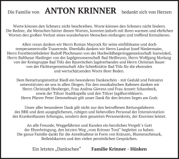 Todesanzeige von Anton Krinner von merkurtz