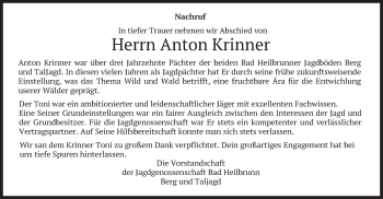 Todesanzeige von Anton Krinner von merkurtz