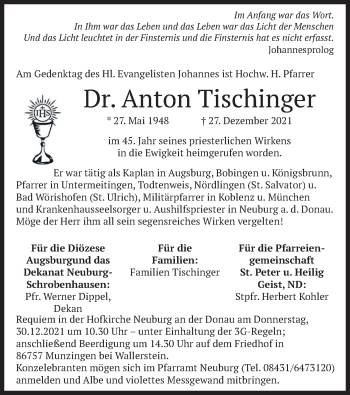 Todesanzeige von Anton Tischinger von merkurtz