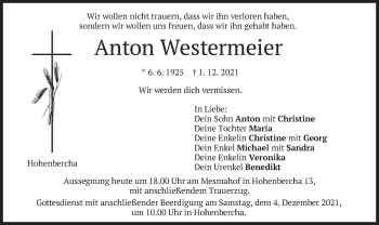 Todesanzeige von Anton Westermeier von merkurtz