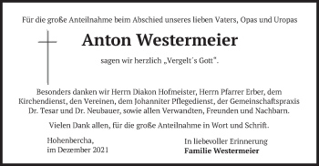 Todesanzeige von Anton Westermeier von merkurtz