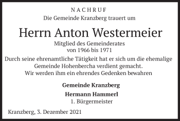 Todesanzeige von Anton Westermeier von merkurtz