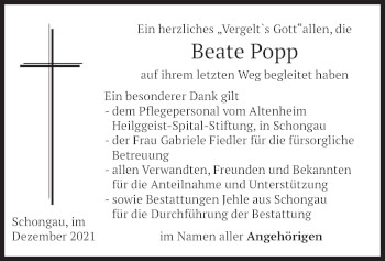 Todesanzeige von Beate Popp von merkurtz