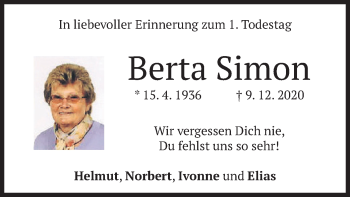 Todesanzeige von Berta Simon von merkurtz