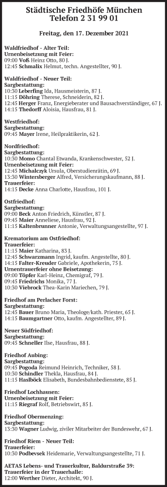 Todesanzeige von Bestattungen vom 17.12.2021 von merkurtz