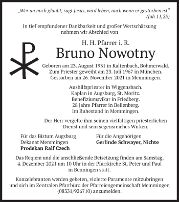 Todesanzeige von Bruno Nowotny von merkurtz