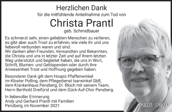 Todesanzeige von Christa Prantl von Das Gelbe Blatt Penzberg