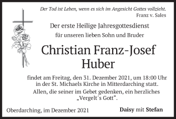 Todesanzeige von Christian Franz-Josef Huber von merkurtz