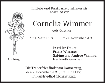 Todesanzeige von Cornelia Wimmer von merkurtz