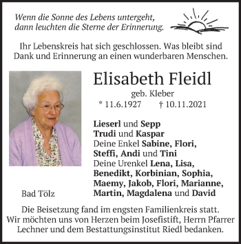Todesanzeige von Elisabeth Fleidl von merkurtz