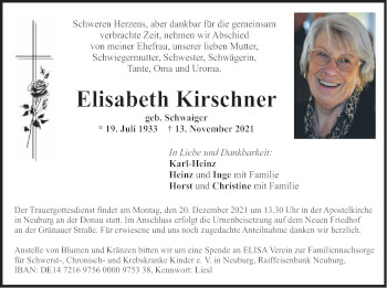 Todesanzeige von Elisabeth Kirschner von merkurtz