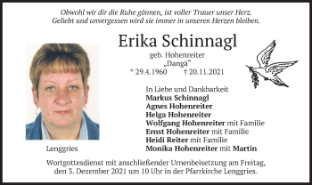 Todesanzeige von Erika Schinnagl von merkurtz