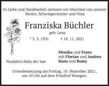 Todesanzeige von Franziska Büchler von merkurtz
