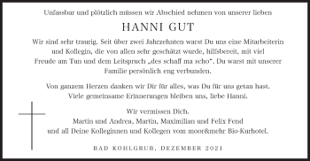 Todesanzeige von Hanni Gut von merkurtz