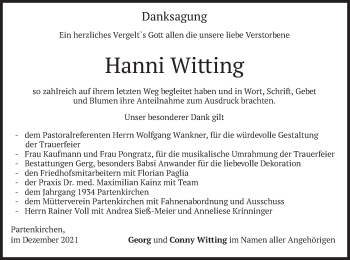Todesanzeige von Hanni Witting von merkurtz