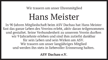 Todesanzeige von Hans Meister von merkurtz