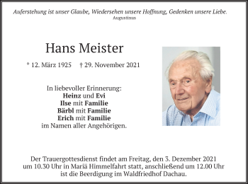 Todesanzeige von Hans Meister von merkurtz