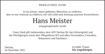 Todesanzeige von Hans Meister von merkurtz