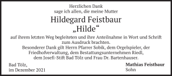 Todesanzeige von Hildegard Feistbaur von merkurtz