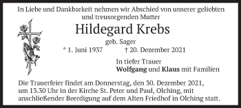 Todesanzeige von Hildegard Krebs von merkurtz