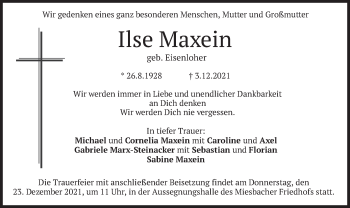Todesanzeige von Ilse Maxein von merkurtz