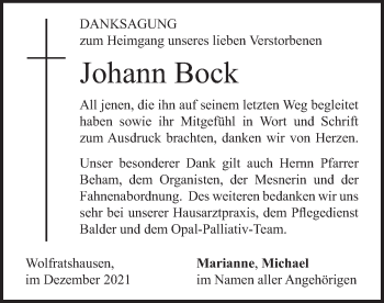 Todesanzeige von Johann Bock von merkurtz
