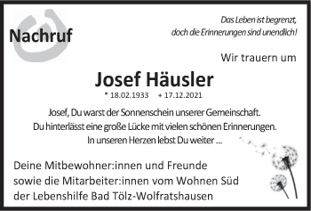Todesanzeige von Josef Häusler von merkurtz