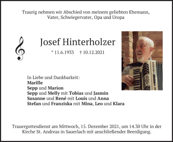 Todesanzeige von Josef Hinterholzer von merkurtz