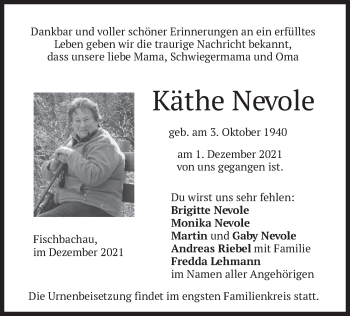 Todesanzeige von Käthe Nevole von merkurtz