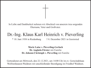 Todesanzeige von Klaus Karl Heinrich v. Pieverling von merkurtz